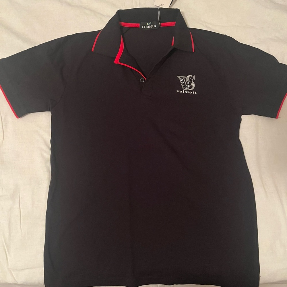 BRAND NEW XXL BLACK VOISIOTT SLIM FIT POLO WITH RED TRIMMING